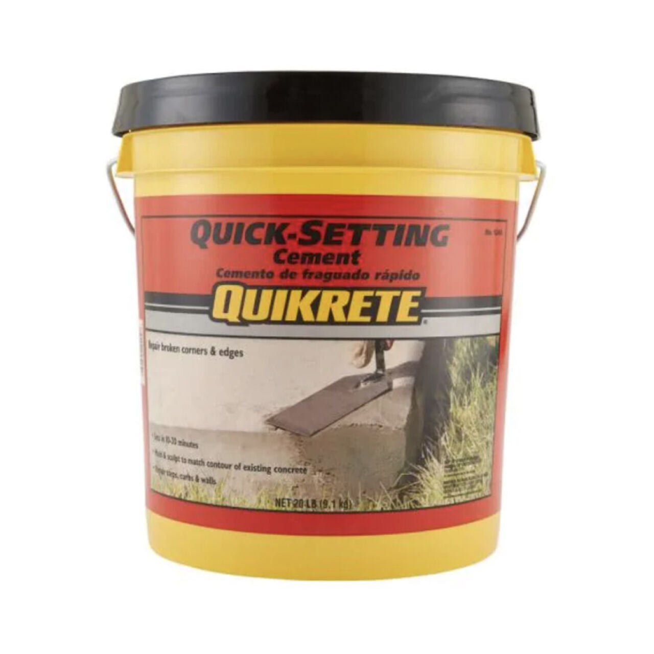 A yellow Go Build 20 lb. Quick-Setting Cement Concrete Mix bucket with black lid, label showing trowel smoothing cement, ideal for concrete repairs; packaging includes English and Spanish text. Slogan: The Fastest Way To Build.